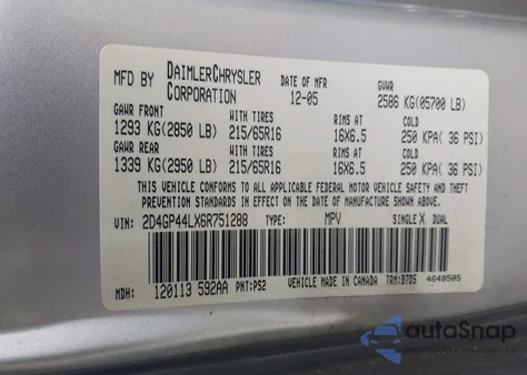 2006 Dodge Grand Caravan Sxt z USA, uszkodzony, nr VIN 2D4GP44LX6R751288